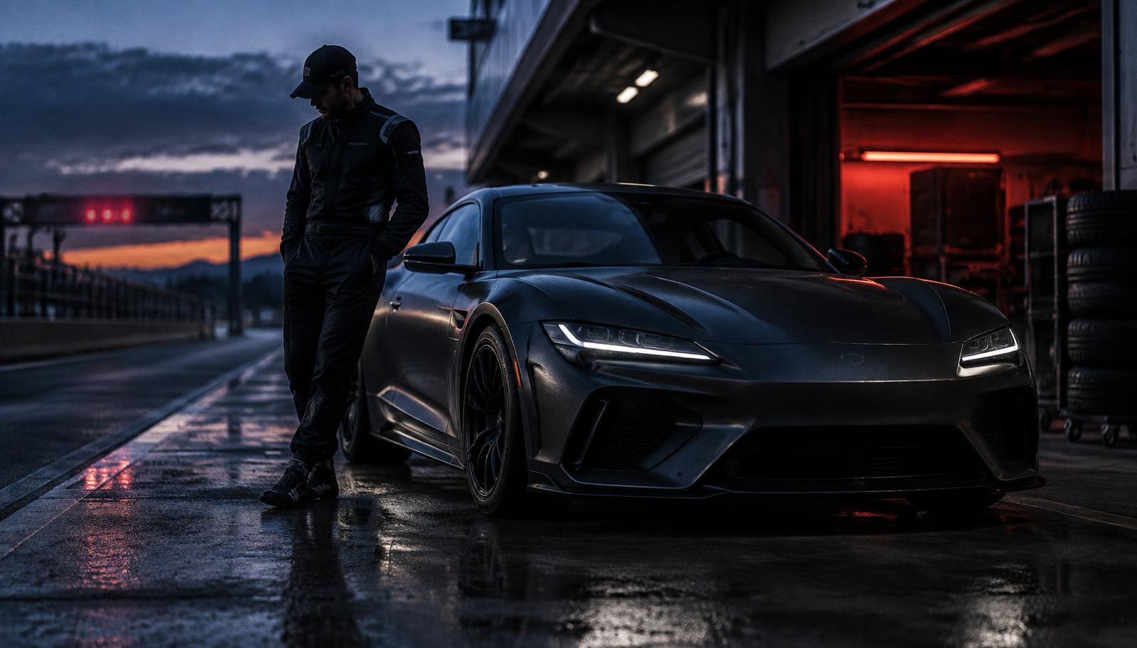 A driving specialist standing beside a car at a circuit