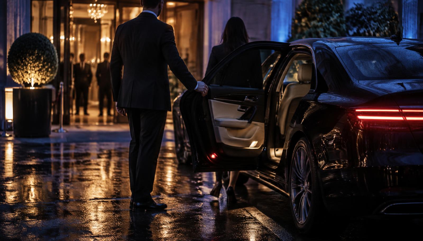 A driver holding a car door open for a client at dusk
